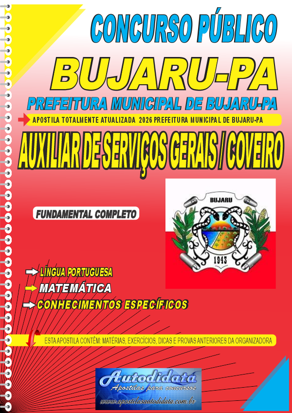Capa de Apostila concurso Prefeitura Municipal de Bujaru PA 2026 Auxilair de Serviços Gerais - Coveiro