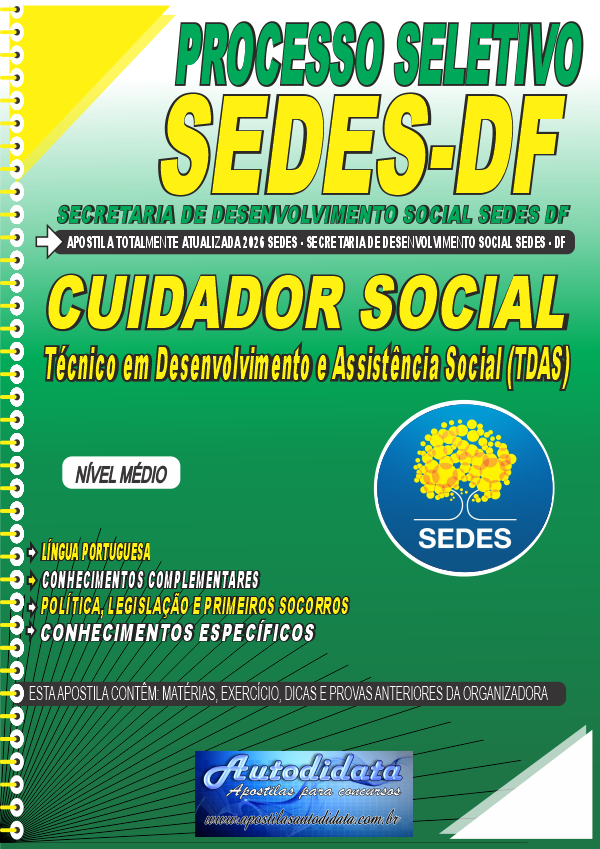 Capa de Apostila concurso Secretaria de Desenvolvimento Social do Distrito Federal SEDES DF 2026 – Cuidador Social