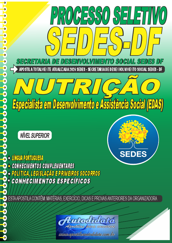 Capa de Apostila concurso Secretaria de Desenvolvimento Social do Distrito Federal SEDES DF 2026 Nutrição