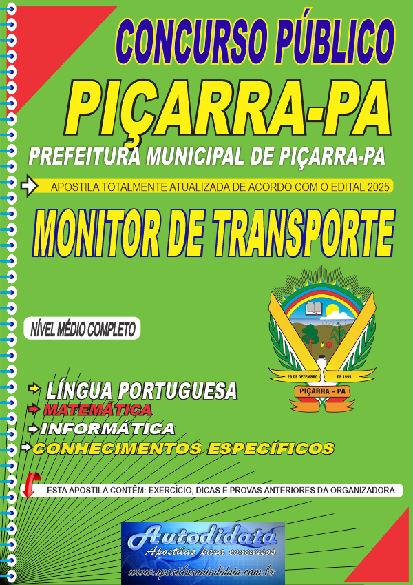 Apostila concurso Prefeitura de Piçarra-PA 2025 - Monitor de Transporte